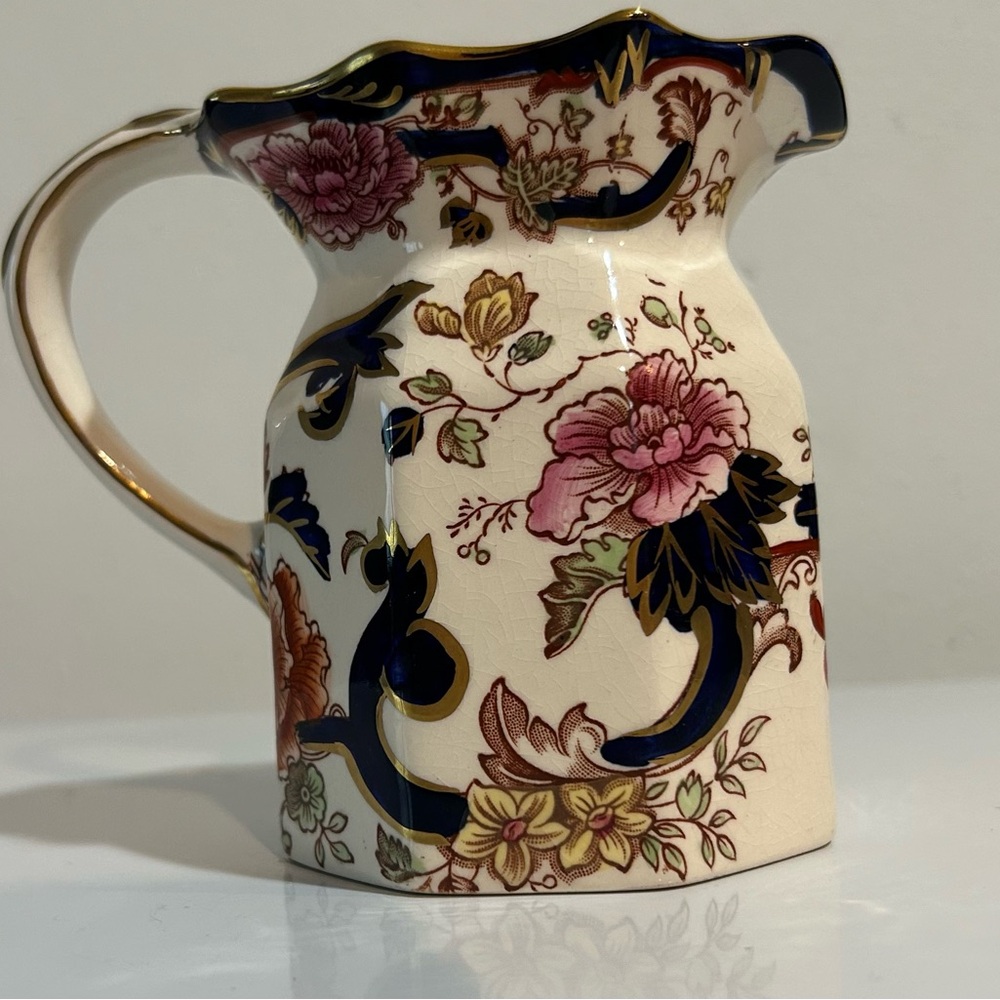 Mason’s Ironstone Mandalay Blue Pitcher – England, Vintage Floral with Gold Trim